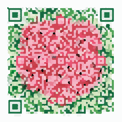 A decorative QR code drawn in green and pink rather than plain black and white
